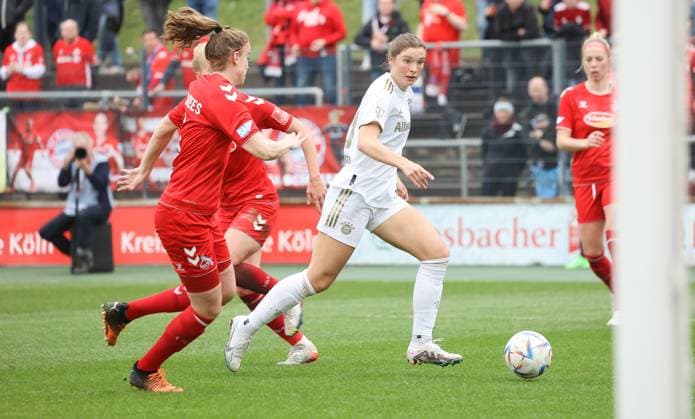 Myrthe Moorrees 1 FC Koeln 65 and Karolina Vilhjalmsdottir FC Bayern Muenchen 23 , 1 FC Koeln vs FC Bayern Muenchen, 1 Flyar Alarm Frauen Bundesliga, Fussball, 15 Spieltag, 18 03 2023, DFL REGULATES PROHIBIT ANY USE OF PHOTOGRAPHS AS IMAGE SEQUENCES AND OR QUASI hVIDEO, 1 FC Koeln vs FC Bayern Muenchen, 1 Flyar Alarm Frauen Bundesliga, Fussball, 15 Spieltag, 18 03 2023, Koeln Copyright: xEibner-Pressefoto JoergxNiebergax EP_JNL
