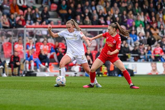 18 03 2023, GER, Soccer, FLYERALARM Womens Bundesliga 2022 2023, 1 FC Cologne FC Bayern Munich Georgia Stanway 31 Bayern Munich and Alena Bienz 11 Cologne in duel Cologne Franz Kremer Stadium North Rhine Westphalia Germany