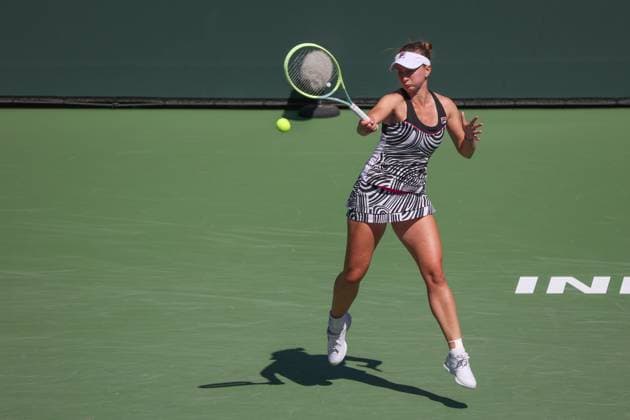 INDIAN WELLS, CA - MARCH 18: Barbora Krejcikova (CZE) hits a forehand during the BNP Paribas Open on March 18, 2023 at the Indian Wells Tennis Garden in Indian Wells, CA. (Photo by George Walker Icon Sportswire) TENNIS: MAR 18 BNP Paribas Open Icon230318002