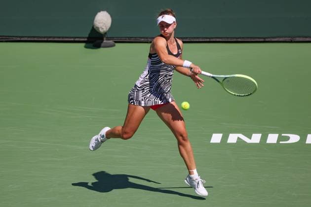INDIAN WELLS, CA - MARCH 18: Barbora Krejcikova (CZE) hits a forehand during the BNP Paribas Open on March 18, 2023 at the Indian Wells Tennis Garden in Indian Wells, CA. (Photo by George Walker Icon Sportswire) TENNIS: MAR 18 BNP Paribas Open Icon230318003
