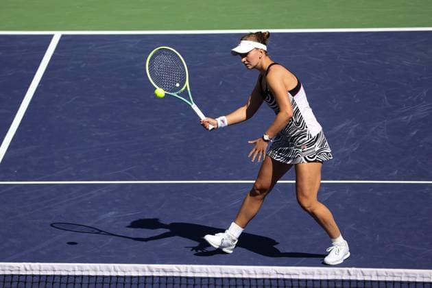 INDIAN WELLS, CA - MARCH 18: Barbora Krejcikova (CZE) hits a volley during the BNP Paribas Open on March 18, 2023 at the Indian Wells Tennis Garden in Indian Wells, CA. (Photo by George Walker Icon Sportswire) TENNIS: MAR 18 BNP Paribas Open Icon230318007
