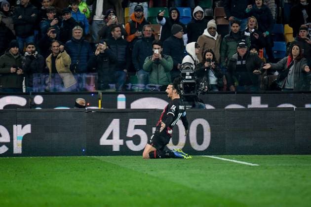 March 18, 2023, Udine, Italy: Milan s Zlatan Ibrahimovic celebrates after scoring a goal on penalty during the italian soccer Serie A match Udinese Calcio vs AC Milan at the Friuli - Dacia Arena stadium in Udine, Italy, 18 March 2023.ANSA ETTORE GRIFFONI Soccer: Serie A; Udinese Calcio - AC Milan  - ZUMAa110 20230318_zaf_a110_099 Copyright: xEttorexGriffonix