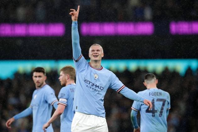 Sport Themen der Woche KW11 Sport Bilder des Tages 18th March 2023; Etihad Stadium, Manchester, England; FA Cup Football, Quarter Final, Manchester City versus Burnley; Erling Haaland of Manchester City celebrates after scoring his side& x2019;s second goal after 35 minutes for 2-0  ActionPlus12489011 DavidxBlunsden