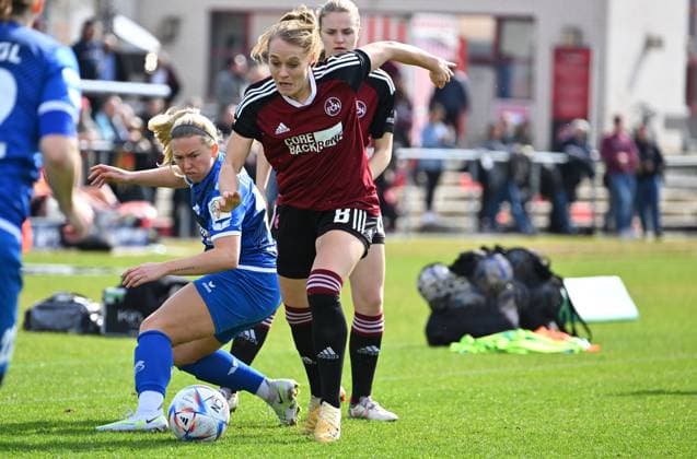 19 03 2023 Football Women Women Season 2022 2023 2 Bundesliga 17 Matchday 1 FC Nürnberg FCN Club SC Sand Sportfoto Zink regulations prohibit any use of photographs as image sequences and or quasi video Emma Catherine Loving 19, SC Sand Kerstin Bogenschütz Bogenschuetz 8, 1 FC Nürnberg FCN , right