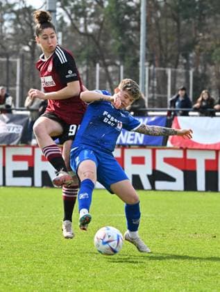 19 03 2023 Football Women Season 2022 2023 2 Bundesliga 17 Matchday 1 FC Nürnberg FCN Club SC Sand Sportfoto Zink regulations prohibit any use of photographs as image sequences and or quasi video Emma Kusch 9, 1 FC Nürnberg FCN Fabienne Walaschewski 1, SC Sand