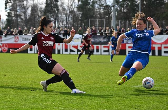 19 03 2023 Football Women Season 2022 2023 2 Bundesliga 17 Matchday 1 FC Nürnberg FCN Club SC Sand Sportfoto Zink regulations prohibit any use of photographs as image sequences and or quasi video Sophie Fournier 11, 1 FC Nürnberg FCN scores goal to 1 0 against Amelie Claire Bohnen 5, SC Sand
