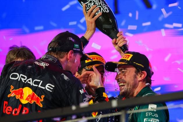 ALONSO Fernando (spa), Aston Martin F1 Team AMR23, portrait VERSTAPPEN Max (ned), Red Bull Racing RB19, portrait PEREZ Sergio (mex), Red Bull Racing RB19, portrait during the Formula 1 STC Saudi Arabian Grand Prix 2023, 2nd round of the 2023 Formula One World Championship, WM, Weltmeisterschaft from March 17 to 19, 2023 on the Jeddah Corniche Circuit, in Jeddah, Saudi Arabia - F1 - SAUDI ARABIAN GRAND PRIX 2023 - RACE DPPI Panoramic 20230319_IMGL1043.JPG