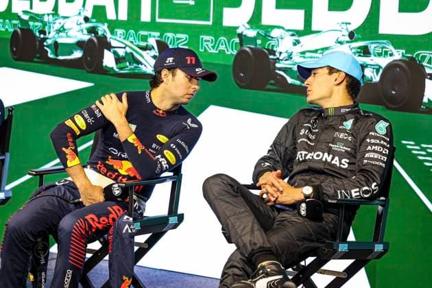 11 Sergio Perez MEX, Oracle Red Bull Racing , 63 George Russell GBR, Mercedes AMG Petronas F1 Team , F1 Grand Prix of Saudi Arabia at Jeddah Corniche Circuit on March 19, 2023 in Jeddah, Saudi Arabia Photo by HOCH ZWEI Jeddah Saudi Arabia
