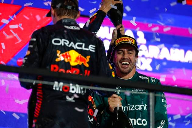 1 Max Verstappen NLD, Oracle Red Bull Racing , 11 Sergio Perez MEX, Oracle Red Bull Racing , 14 Fernando Alonso ESP, Aston Martin Aramco Cognizant F1 Team , F1 Grand Prix of Saudi Arabia at Jeddah Corniche Circuit on March 19, 2023 in Jeddah, Saudi Arabia Photo by HOCH ZWEI Jeddah Saudi Arabia