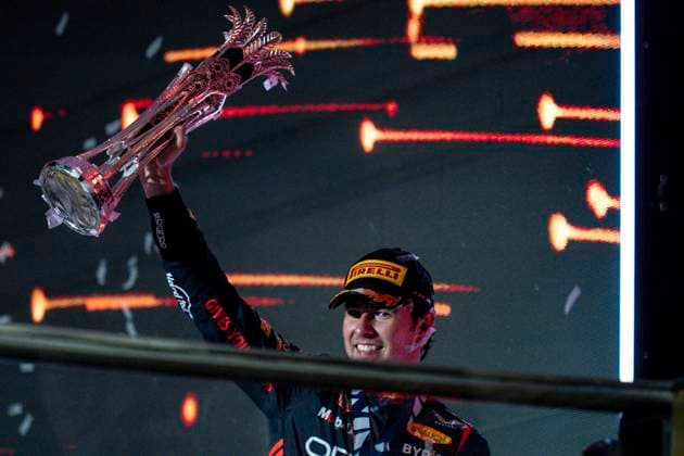 March 19, 2023, Jeddah, Saudi Arabia: SERGIO PEREZ of Mexico and Red Bull Racing on the podium after winning the 2023 FIA Formula 1 Saudi Arabian Grand Prix at Jeddah Corniche Circuit in Jeddah, Saudi Arabia. Jeddah Saudi Arabia - ZUMAg147 20230319_zap_g147_062 Copyright: xJamesxGasperottix