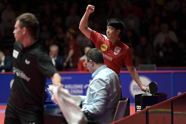 TTBL 20 Matchday Borussia Düsseldorf TTC Neu Ulm on 19 03 2023 at ARAG CenterCourt in Düsseldorf Dang Qiu Düsseldorf is happy about his win against Vladimir Sidorenko Neu Ulm xJFx