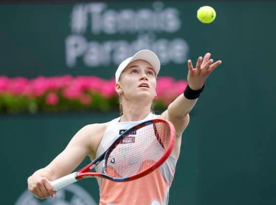 March 19, 2023 Elena Rybakina of Kazakhstan serves against Aryna Sabalenka of Belarus during the Women s Final of the 2023 BNP Paribas Open at Indian Wells Tennis Garden in Indian Wells, California. Mandatory Photo Credit: CSM Indian Wells United States of America - ZUMAc04_ 20230319_zaf_c04_223 Copyright: xCharlesxBausx