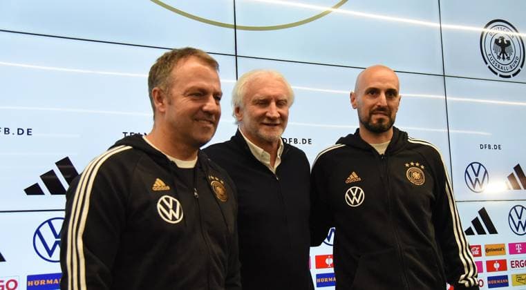 20 03 2023 Frankfurt am Main, DFB Campus DFB Mens A National Team Press Conference National Coach Hansi Flick DFB Sports Director Rudi Völler, DFB U21 Coach Antonio Di Salvo