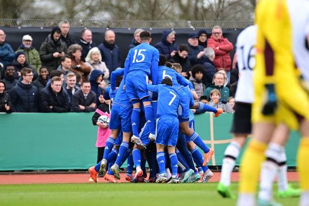 Soccer I U 19 Juniors I Season 2022 2023 I European Championship Qualification I Germany U 19 Italy U 19 I 22 03 2023 jubilation, enthusiasm, euphoria, joy, happiness, cheerfulness at Niccolo Pisilli 19, Italy U 19 and his Italy U 19 team Bremen Weserstadion Platz 11 Bremen Germany Copyright: xLobeca FelixxSchlikisx