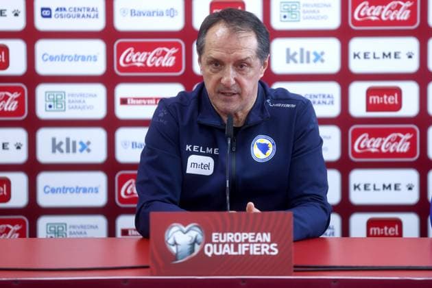 Bosnia and Herzegovina press conference, PK, Pressekonferenz Head Coach of Bosnia and Herzegovina Faruk Hadzibegic speaks on a press conference at Bilino Polje Stadium ahead of the EURO 2024 qualification match between Bosna and Hercegovina and Iceland, in Zenica, Bosnia and Hercegovina, on March 22, 2023. ArminxDurgut PIXSELL