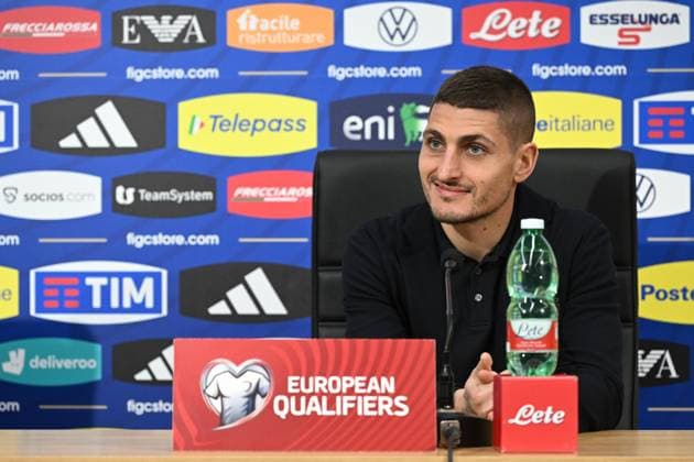 March 22, 2023, NAPLES: Italy s midfielder, Marco Verratti, attends a press conference, PK, Pressekonferenz on the eve of the UEFA EURO, EM, Europameisterschaft,Fussball 2024 qualifier soccer match against England at the Diego Maradona stadium in Naples, Italy, 22 March 2023. .ANSA CIRO FUSCO UEFA EURO 2024 qualification; Italy s press conference  - ZUMAa110 20230322_zaf_a110_074 Copyright: xCiroxFuscox
