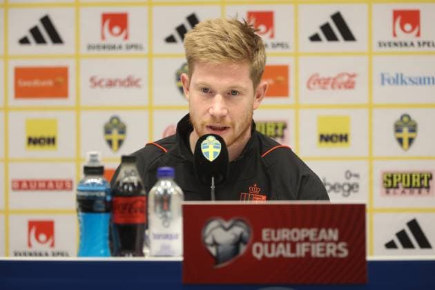Belgium s Kevin De Bruyne pictured during a press conference, PK, Pressekonferenz of Belgian national soccer team Red Devils, at the Friends Arena, in Solna, Sweden, Thursday 23 March 2023. On Friday, the Red Devils play a Euro 2024 qualification match against Sweden. VIRGINIExLEFOUR  x63562862x