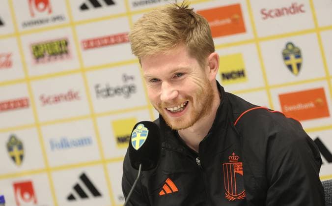 Belgium s Kevin De Bruyne pictured during a press conference, PK, Pressekonferenz of Belgian national soccer team Red Devils, at the Friends Arena, in Solna, Sweden, Thursday 23 March 2023. On Friday, the Red Devils play a Euro 2024 qualification match against Sweden. VIRGINIExLEFOUR  x63562883x
