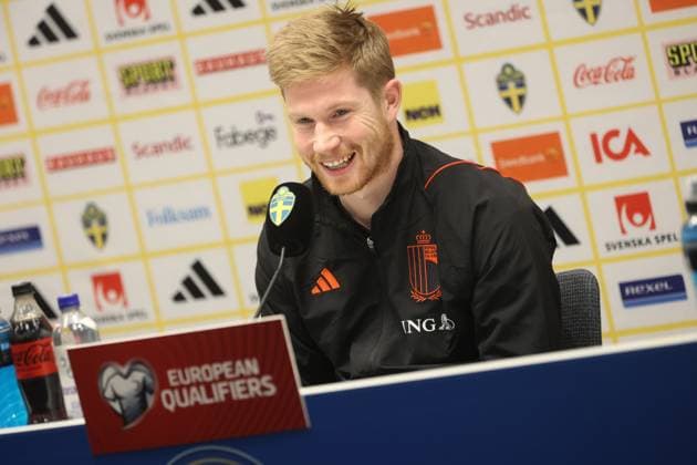 Belgium s Kevin De Bruyne pictured during a press conference, PK, Pressekonferenz of Belgian national soccer team Red Devils, at the Friends Arena, in Solna, Sweden, Thursday 23 March 2023. On Friday, the Red Devils play a Euro 2024 qualification match against Sweden. VIRGINIExLEFOUR  x63562884x