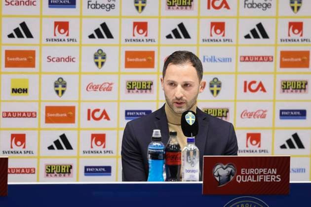 SOLNA 20230323 Belgiums national team coach Domenico Tedesco during a press conference in Friends Arena, ahead of the European Championship qualifier against Sweden on March 24, 2023 Solna Sweden FOOTBALL x62260x,  Copyright: xNilsxPetterxNilsson TTx EM-KVAL BELGIEN PRESSTRÄFF