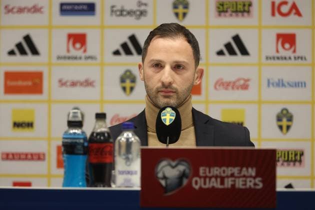 Belgium s head coach Domenico Tedesco pictured during a press conference, PK, Pressekonferenz of Belgian national soccer team Red Devils, at the Friends Arena, in Solna, Sweden, Thursday 23 March 2023. On Friday, the Red Devils play a Euro 2024 qualification match against Sweden. VIRGINIExLEFOUR  x63563971x