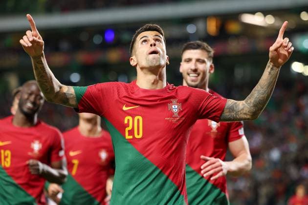 Portugal, Lisboa, 23 March 2023 EURO 2024 Qualification Group J Portugal Lichtenstein v l , Joao Cancelo Portugal , Ruben Dias Portugal , Goal celebration, celebrate the goal Copyright: JoaquimxFerreira