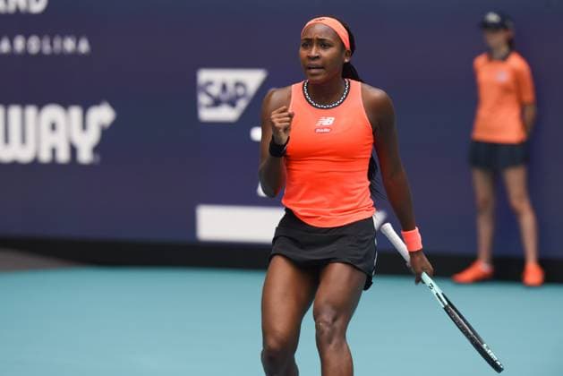 MIAMI GARDENS, FL - MARCH 23: Coco Gauff (USA) reacts to the point, during her second round match of the Miami Open on March 23, 2023 at Hard Rock Stadium in Miami Gardens, Florida. (Photo by Michele Eve Sandberg Icon Sportswire) TENNIS: MAR 23 Miami Open Icon2303231606