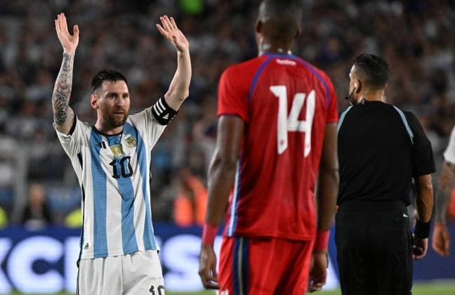23rd March 2023: Belgrano, Buenos Aires, Argentina: International football friendly, Argentina versus Panama: Lionel Messi da Argentina celebrates his goal infront of Gilberto Hernandez  ActionPlus12490216 LucianoxBisbal