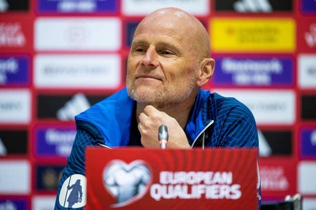 230324 Stale Solbakken, head coach of the Norwegian national football team, during a press conference on March 24, 2023 in Malaga Photo Vegard Grott BILDBYRAN code VG VG0425 bbeng fotball football soccer fotboll uefa euro 2024 em qualification em kvalik press conference press conference norge norway,  Copyright: VEGARDxGRoTT BB230324VG061