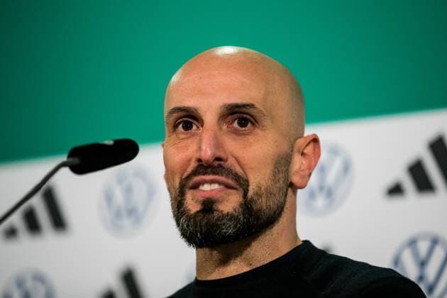 friendly match U21 Germany Japan Antonio Di Salvo coach Germany in the press conference friendly match U21 Germany Japan Frankfurt, PSD Bank Arena, 24 03 2023 Copyright: xBEAUTIFULxSPORTS Wunderlx
