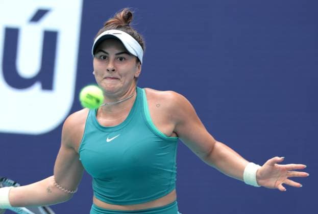 Bianca Andreescu from Canada hits a forehand shot back Maria Sakkara from Greece during day three at the Miami Open in the Hard Rock Stadium in Miami Gardens, Florida, on Friday, March 24, 2023. Andreescu defeated Sakkara 7-7,6-3,6-4.  MIA20230324106 GARYxIxROTHSTEIN