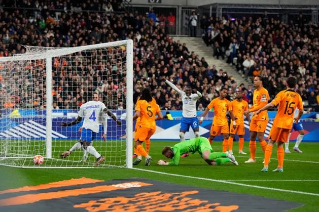 (230325) -- PARIS, March 25, 2023 -- France s Dayot Upamecano (1st L) scores during the UEFA EURO, EM, Europameisterschaft,Fussball 2024 qualification match between France and the Netherlands in Paris, France, March 24, 2023. (Photo by Glenn Gervot Xinhua) (SP)FRANCE-PARIS-FOOTBALL-UEFA EURO 2024 QUALIFIERS-FRANCE VS NETHERLANDS GxLennGervotgaojing 
