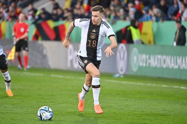 Dennis HUSEINBASIC GER , action,single action,single picture,crop,full body shot,whole figure Football match,U21,Germany Japan 2 2 on 24 03 2023,PSD Arena Frankfurt