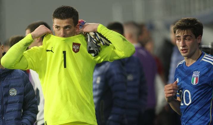 24.03.2023 Backa Topola Serbia-Italy U21, U 21 Under 21 International Friendly, Länderspiel, Nationalmannschaft men s football Filip Stankovic(L) Serbia , Gaeteno Oristanio(R) Italy :