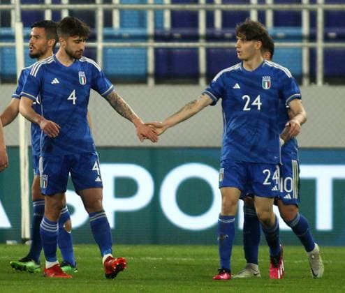 24.03.2023 Backa Topola Serbia-Italy U21, U 21 Under 21 International Friendly, Länderspiel, Nationalmannschaft men s football Andrea Carboni(L),Mattia Viti(2L),Alessandro Zanoli(R) Ital :