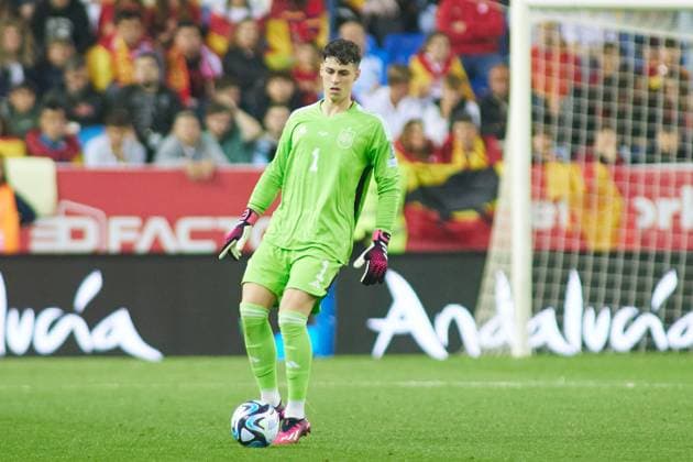 March 25, 2023, MALAGA, MALAGA, SPAIN: Kepa Arrizabalaga of Spain in action during the UEFA EURO, EM, Europameisterschaft,Fussball 2024 qualifying round group A match between Spain and Norway at La Rosaleda Stadium on March 25, 2023 in Malaga, Spain. MALAGA SPAIN - ZUMAa181 20230325_zaa_a181_036 Copyright: xJoaquinxCorcherox