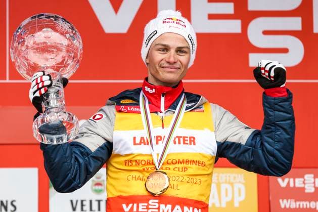 Sport Themen der Woche KW12 NORDIC SKIING - FIS WC Lahti LAHTI,FINLAND,26.MAR.23 - NORDIC SKIING, NORDIC COMBINED- award ceremony for the Overall World Cup Men. Image shows Johannes Lamparter (AUT). Keywords: crystal globe.  GEPAxpictures xPatrickxSteiner