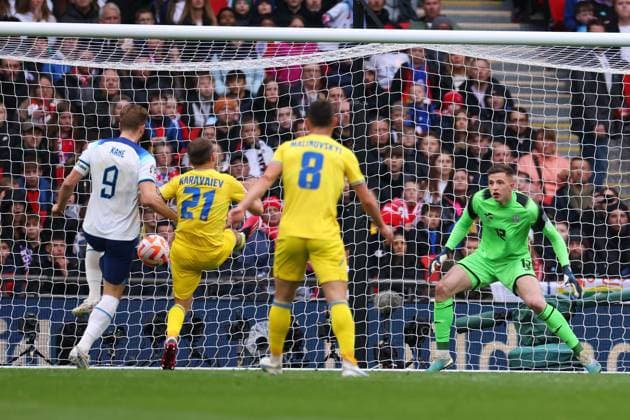 Mandatory Credit: Photo by Shutterstock (13844509al) Harry Kane of England scores the opening goal England v Ukraine, UEFA European Championship, EM, Europameisterschaft 2024 Qualifying, Group C, Football, Wembley Stadium, London, UK - 26 Mar 2023 EDITORIAL USE ONLY No use with unauthorised audio, video, data, fixture lists, club league logos or live services. Online in-match use limited to 120 images, no video emulation. No use in betting, games or single club league player publications. England v Ukraine, UEFA European Championship 2024 Qualifying, Group C, Football, Wembley Stadium, London, UK - 26 Mar 2023 EDITORIAL USE ONLY No use with unauthorised audio, video, data, fixture lists, club league logos or live services. Online in-match use limited to 120 images, no video emulation. No use in betting, games or single club league player publications. Copyright: xShutterstockx 13844509al