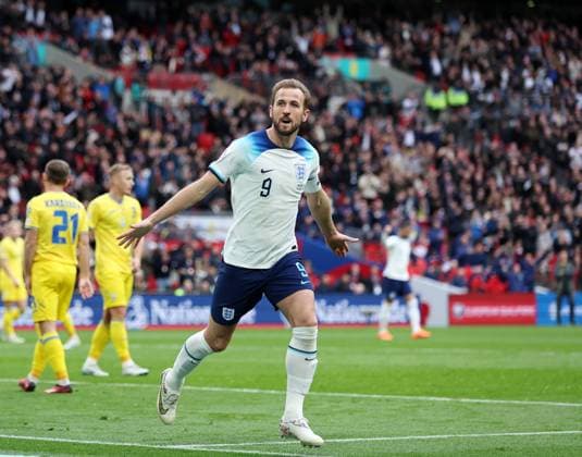 London, England, 26th March 2023. Harry Kane of England celebrates scoring his sides opening goal during the UEFA European Championship, EM, Europameisterschaft Qualifying match at Wembley Stadium, London. Picture credit should read: David Klein Sportimage EDITORIAL USE ONLY. No use with unauthorised audio, video, data, fixture lists, club league logos or live services. Online in-match use limited to 120 images, no video emulation. No use in betting, games or single club league player publications. SPI-2324-0028