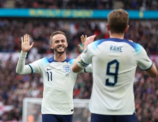 London, England, 26th March 2023. Harry Kane of England celebrates scoring his sides opening goal with James Maddison of Englandduring the UEFA European Championship, EM, Europameisterschaft Qualifying match at Wembley Stadium, London. Picture credit should read: David Klein Sportimage EDITORIAL USE ONLY. No use with unauthorised audio, video, data, fixture lists, club league logos or live services. Online in-match use limited to 120 images, no video emulation. No use in betting, games or single club league player publications. SPI-2324-0031