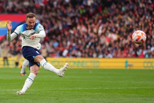 Mandatory Credit: Photo by Shutterstock (13844509am) James Maddison of England shoots England v Ukraine, UEFA European Championship, EM, Europameisterschaft 2024 Qualifying, Group C, Football, Wembley Stadium, London, UK - 26 Mar 2023 EDITORIAL USE ONLY No use with unauthorised audio, video, data, fixture lists, club league logos or live services. Online in-match use limited to 120 images, no video emulation. No use in betting, games or single club league player publications. England v Ukraine, UEFA European Championship 2024 Qualifying, Group C, Football, Wembley Stadium, London, UK - 26 Mar 2023 EDITORIAL USE ONLY No use with unauthorised audio, video, data, fixture lists, club league logos or live services. Online in-match use limited to 120 images, no video emulation. No use in betting, games or single club league player publications. Copyright: xShutterstockx 13844509am
