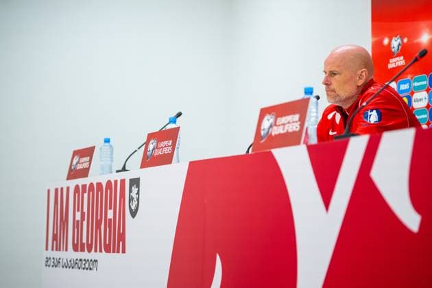 230327 Stale Solbakken, head coach of the Norwegian national football team, during a press conference on March 27, 2023 in Batumi Photo Vegard Grott BILDBYRAN code VG VG0430 bbeng football football soccer football uefa euro 2024 em qualification em kvalik press conference press conference norge norway,  Copyright: VEGARDxGRoTT BB230327VG033