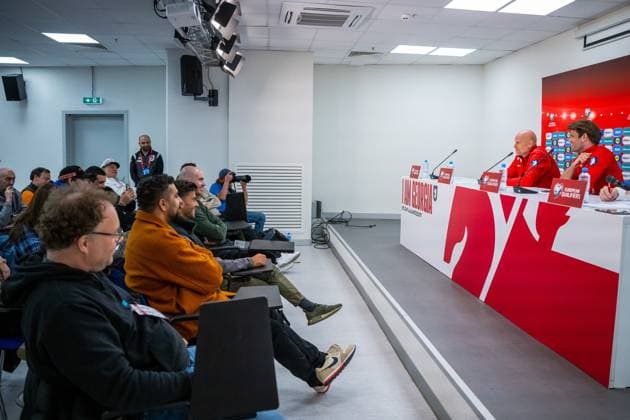 230327 Stale Solbakken, head coach of the Norwegian national football team, and Morten Morisbak Skjonsberg, press officer, during a press conference on March 27, 2023 in Batumi Photo Vegard Grott BILDBYRAN code VG VG0430 bbeng football football soccer football uefa euro 2024 em qualification em quality press conference press conference norge norway,  Copyright: VEGARDxGRoTT BB230327VG040