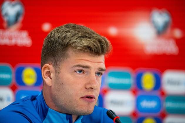 230327 Alexander Sorloth of the Norwegian national football team during a press conference on March 27, 2023 in Batumi Photo Vegard Grott BILDBYRAN code VG VG0430 bbeng fotball football soccer fotboll uefa euro 2024 em qualification em kvalik press conference press conference norge norway,  Copyright: VEGARDxGRoTT BB230327VG043