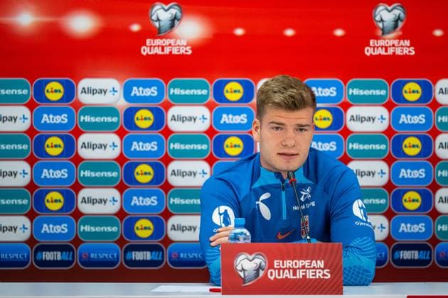 230327 Alexander Sorloth of the Norwegian national football team during a press conference on March 27, 2023 in Batumi Photo Vegard Grott BILDBYRAN code VG VG0430 bbeng fotball football soccer fotboll uefa euro 2024 em qualification em kvalik press conference press conference norge norway,  Copyright: VEGARDxGRoTT BB230327VG044