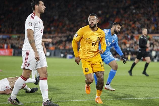 ROTTERDAM , 27-03-2023 , Stadion de Kuip , UEFA Qualification EURO 2024 , season 2022 2023 , match between Netherlands and Gibraltar , Netherlands player Memphis Depay celebrating his goal 1-0 Netherlands - Gibraltar  x20346409x Copyright: