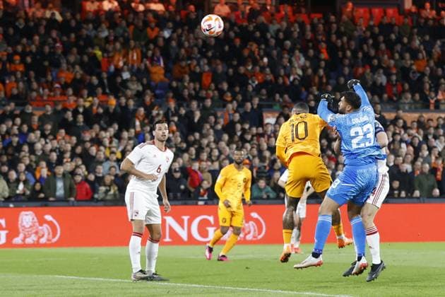 ROTTERDAM , 27-03-2023 , Stadion de Kuip , UEFA Qualification EURO 2024 , season 2022 2023 , match between Netherlands and Gibraltar , Netherlands player Memphis Depay scores 1-0 Netherlands - Gibraltar  x20346417x Copyright: