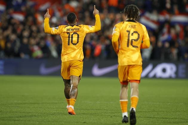 ROTTERDAM , 27-03-2023 , Stadion de Kuip , UEFA Qualification EURO 2024 , season 2022 2023 , match between Netherlands and Gibraltar , Netherlands player Memphis Depay celebrating his goal 1-0 Netherlands - Gibraltar  x20346420x Copyright: