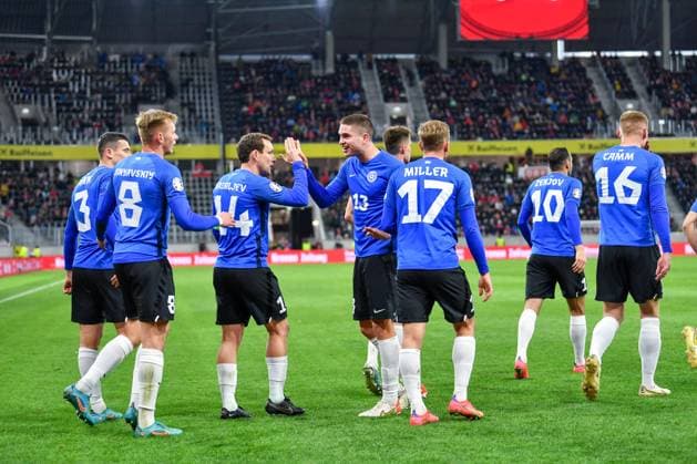 SOCCER - UEFA EURO, EM, Europameisterschaft,Fussball 2024 Quali, AUT vs EST LINZ,AUSTRIA,27.MAR.23 - SOCCER - European Qualifiers 2024, OEFB international match, Länderspiel, Nationalmannschaft Austria vs Estland. Image shows the rejoicing of team EST with Rauno Sappinen (EST).  GEPAxpictures xChristianxMoser