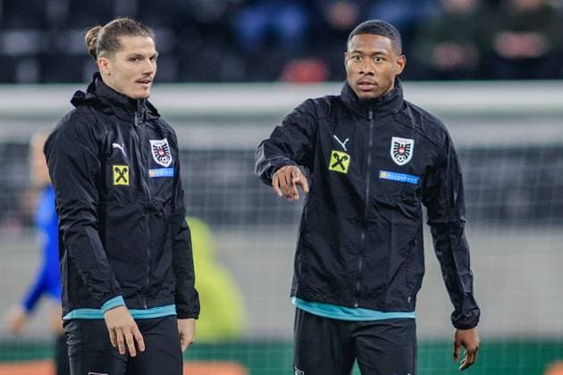 SOCCER - UEFA EURO, EM, Europameisterschaft,Fussball 2024 Quali, AUT vs EST LINZ,AUSTRIA,24.MAR.27 - SOCCER - European Qualifiers 2024, OEFB international match, Länderspiel, Nationalmannschaft Austria vs Estland. Image shows Marcel Sabitzer (AUT) and David Alaba (AUT).  GEPAxpictures xManuelxBinder
